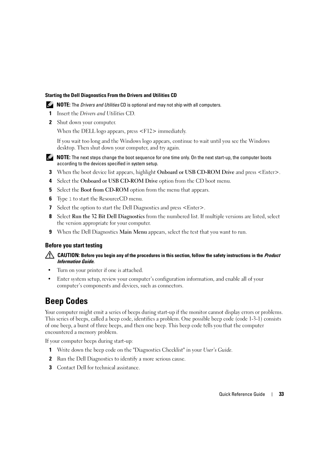 Dell D490 manual Beep Codes, Before you start testing 