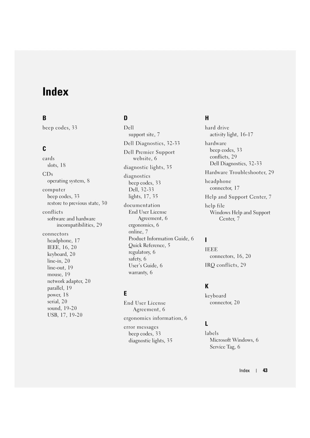 Dell D490 manual Index, Service Tag 