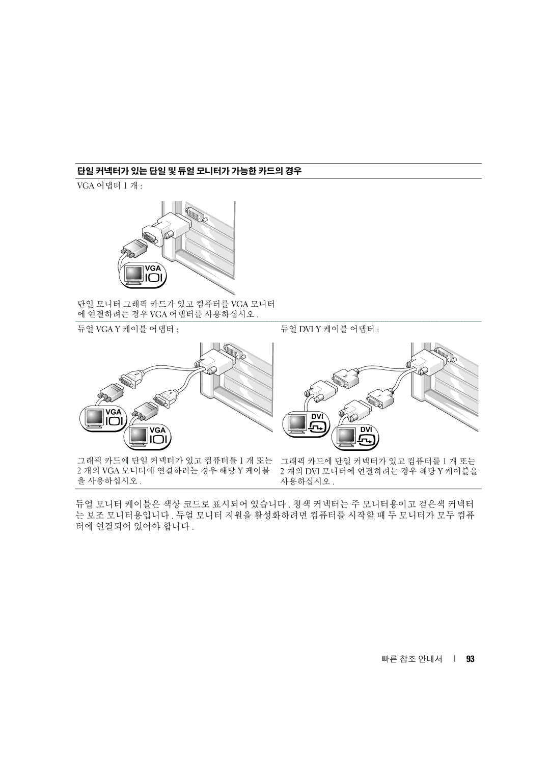 Dell D490 manual 단일 커넥터가 있는 단일 및 듀얼 모니터가 가능한 카드의 경우 