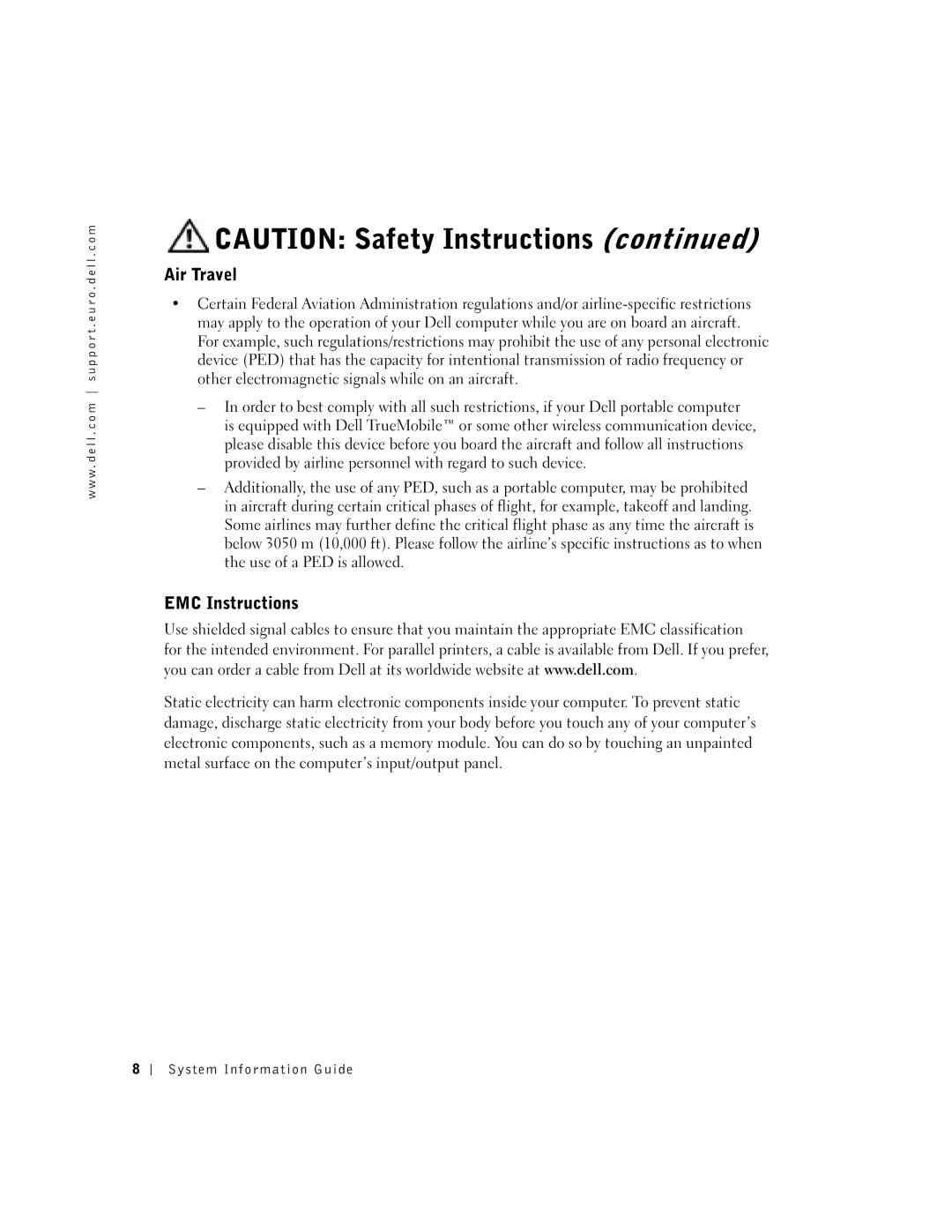 Dell D500 manual Air Travel, EMC Instructions 