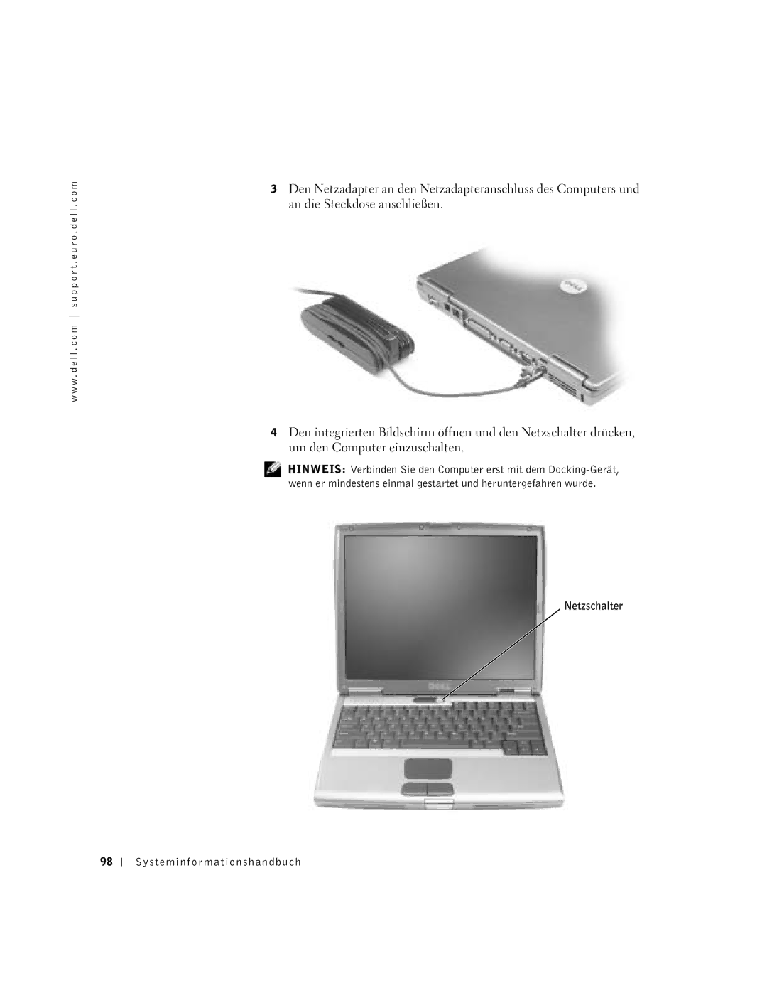 Dell D500 manual Netzschalter Systeminfor mationshandbuch 