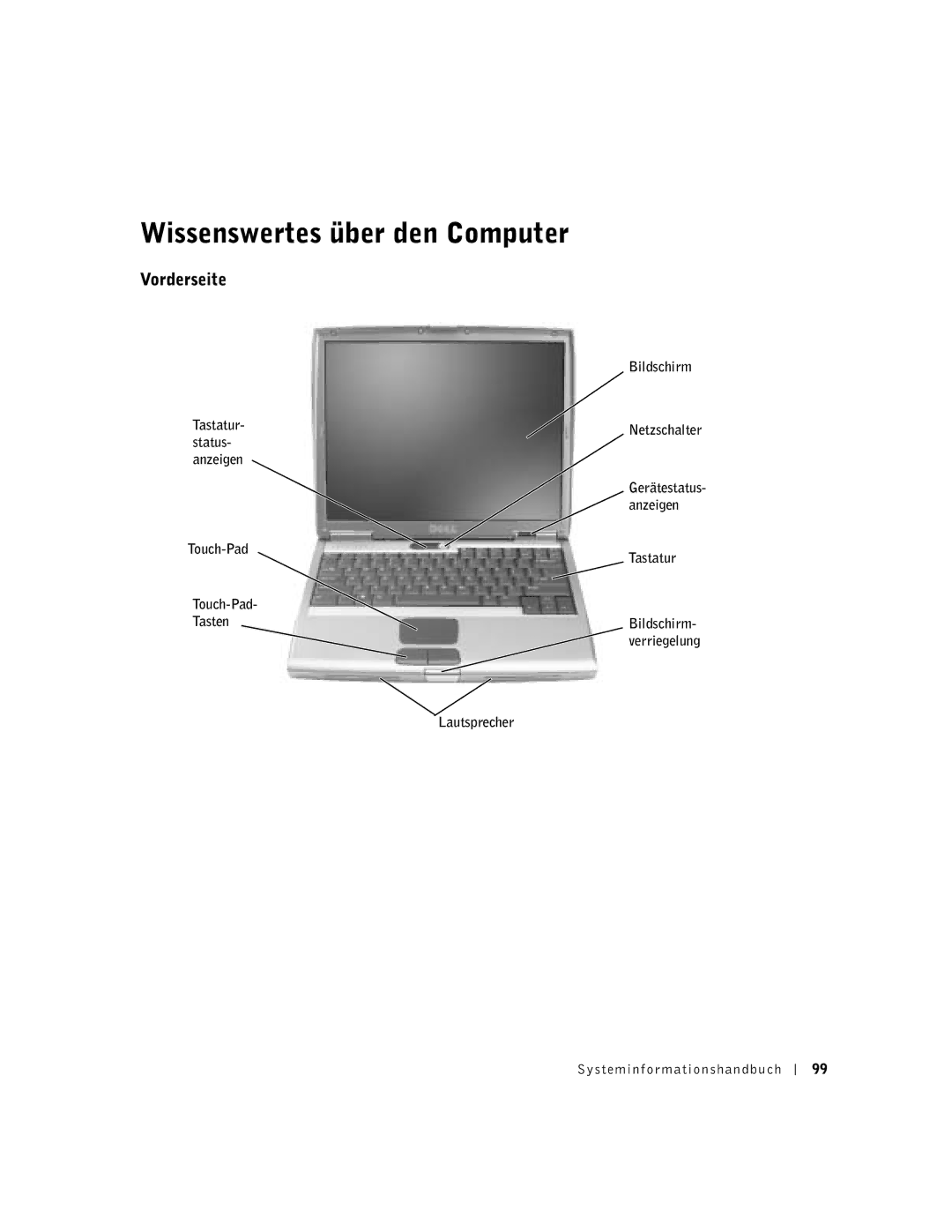 Dell D500 manual Wissenswertes über den Computer, Vorderseite, Tastatur 