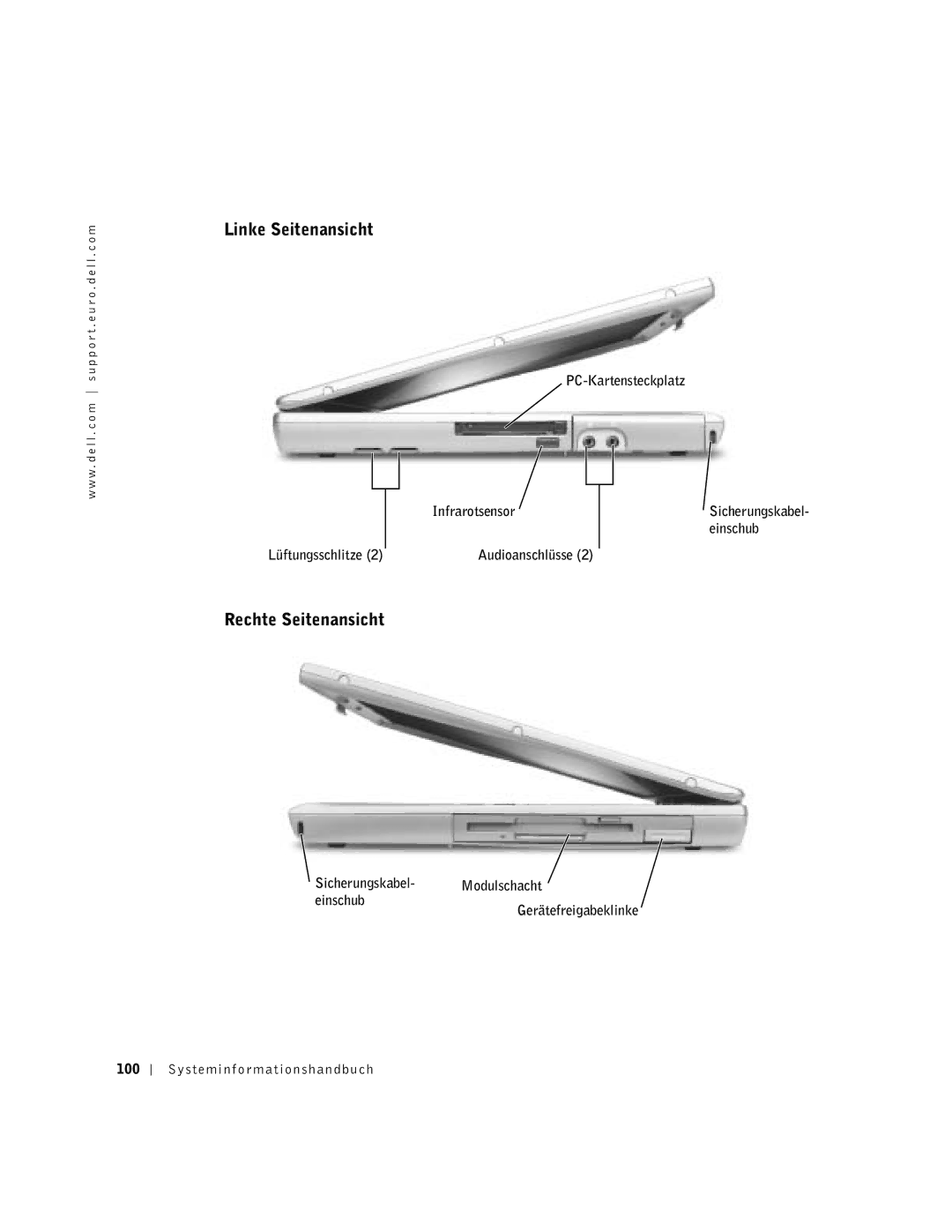 Dell D500 manual Linke Seitenansicht, Rechte Seitenansicht, PC-Kartensteckplatz Infrarotsensor, Einschub, Lüftungsschlitze 