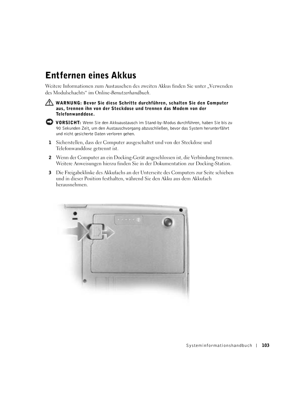 Dell D500 manual Entfernen eines Akkus, Systeminfor mationshandbuch 103 