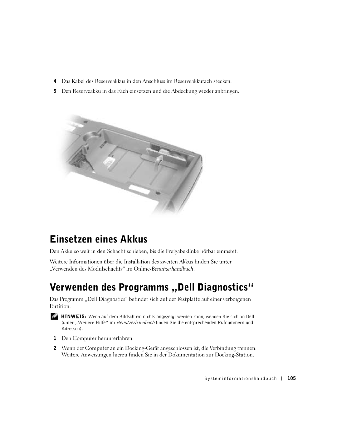 Dell D500 manual Einsetzen eines Akkus, Verwenden des Programms „Dell Diagnostics 