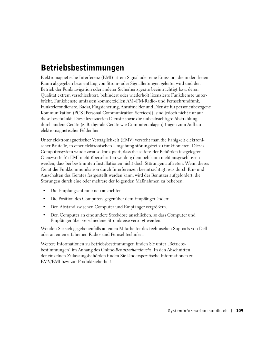 Dell D500 manual Betriebsbestimmungen, Systeminfor mationshandbuch 109 