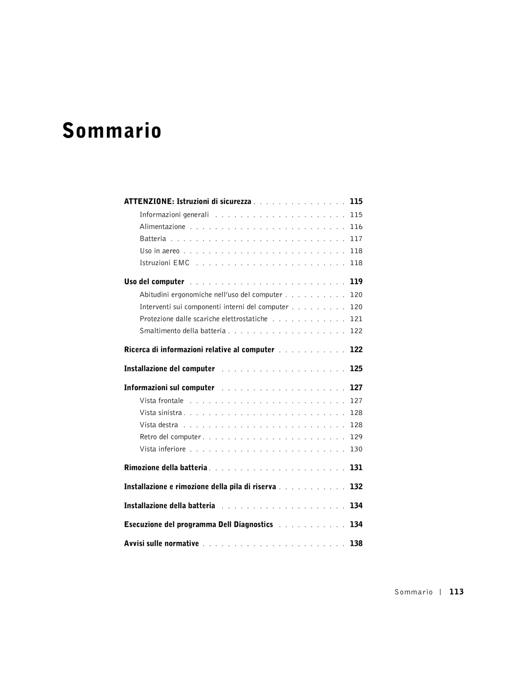 Dell D500 manual Attenzione Istruzioni di sicurezza 115, 116, 117, 118, 119, 122, 125, 127, 128, 129, 130, 131, 134, 138 