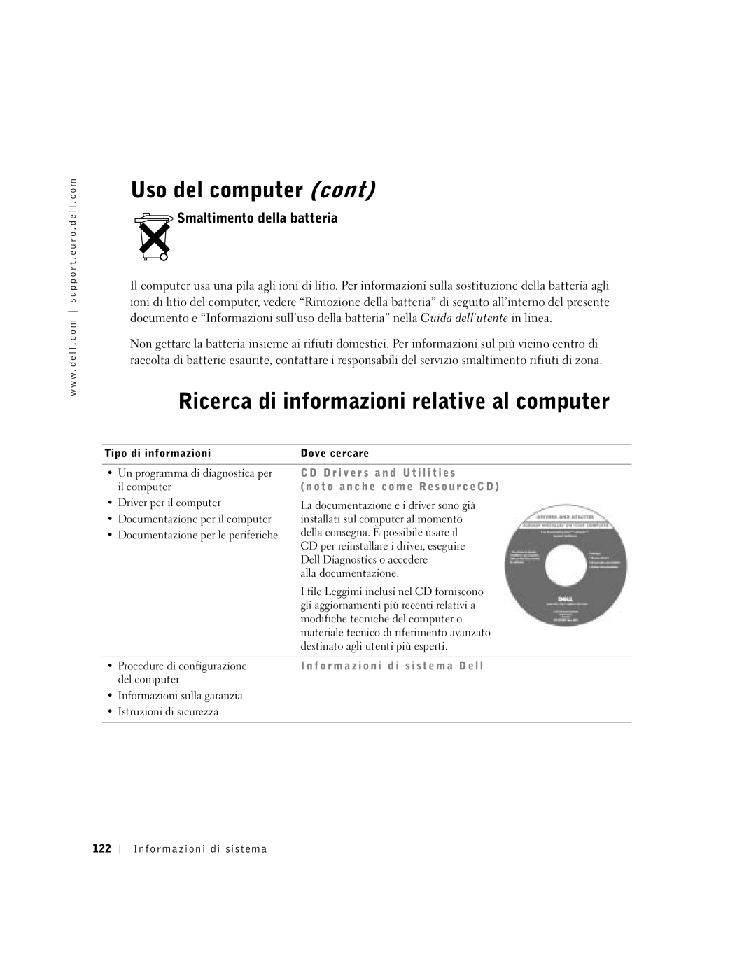 Dell D500 Ricerca di informazioni relative al computer, Smaltimento della batteria, D r i v e r s a n d U t i l i t i e s 