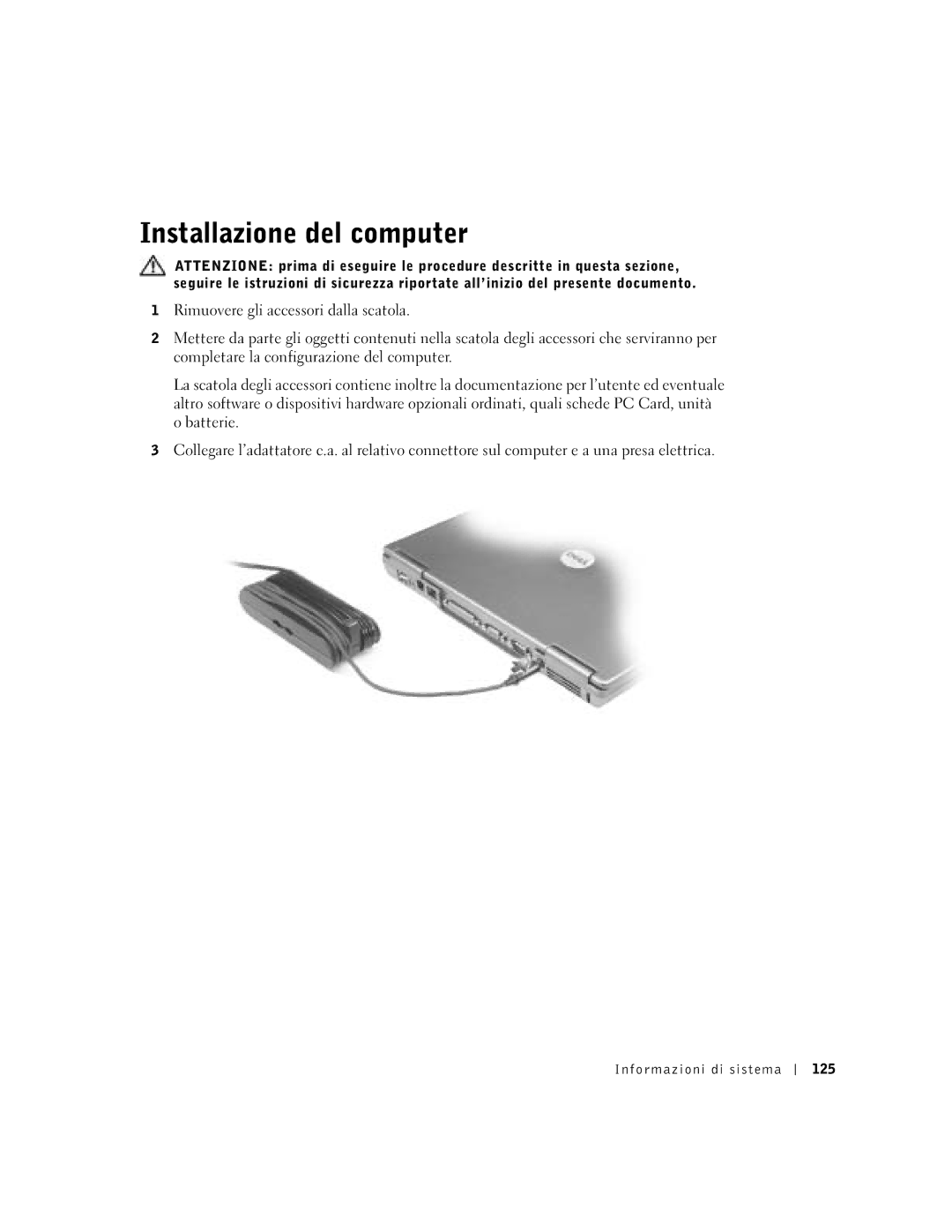 Dell D500 manual Installazione del computer, Informazioni di sistema 125 