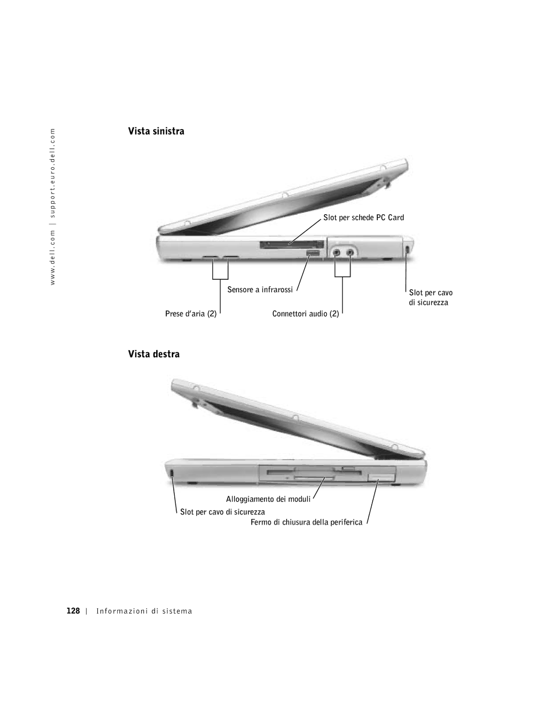 Dell D500 manual Vista sinistra, Vista destra, Prese d’aria Slot per schede PC Card Sensore a infrarossi, Di sicurezza 