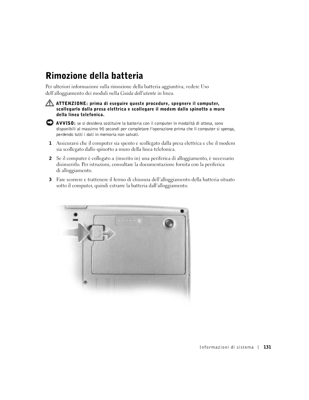 Dell D500 manual Rimozione della batteria, Informazioni di sistema 131 