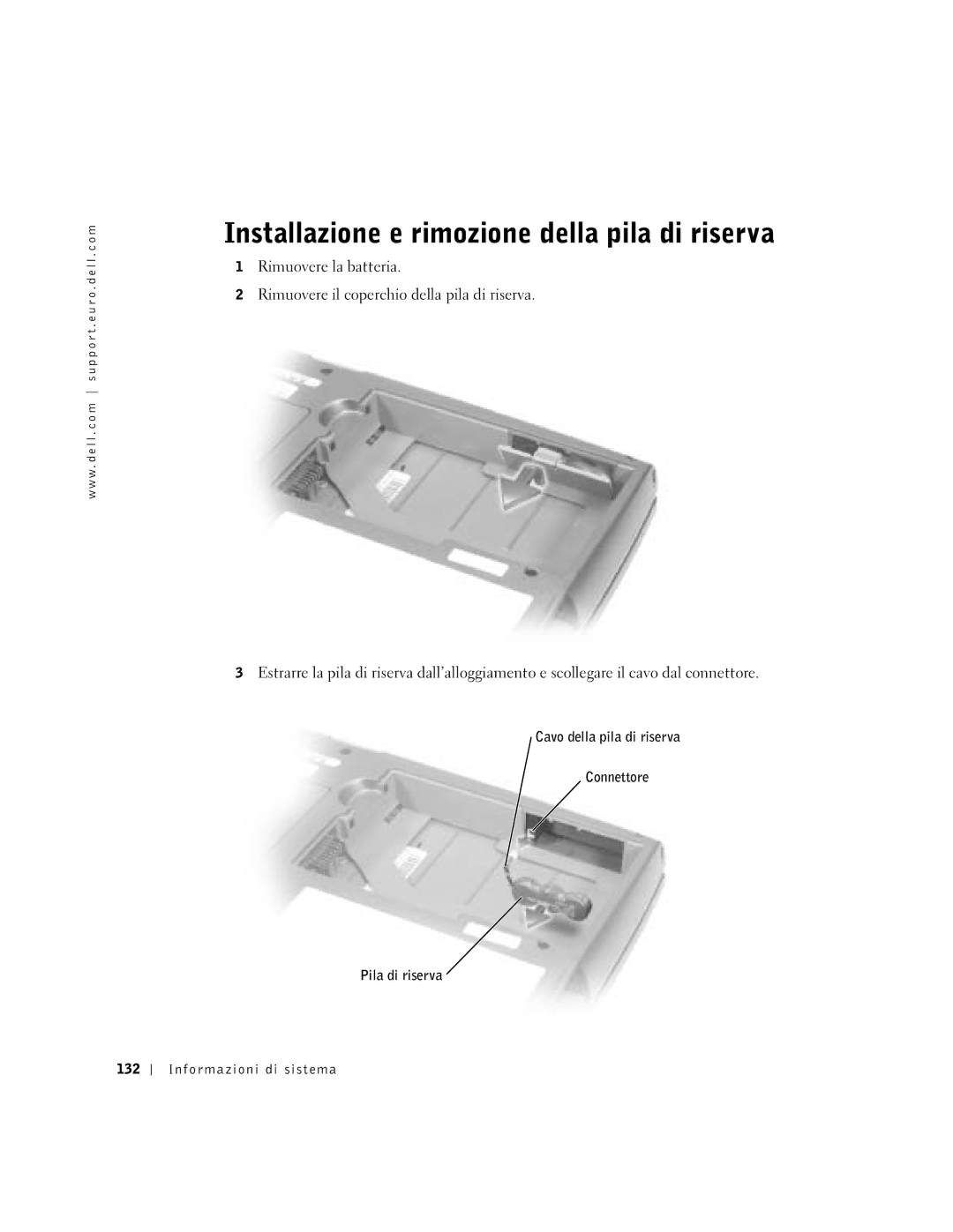 Dell D500 manual Installazione e rimozione della pila di riserva 