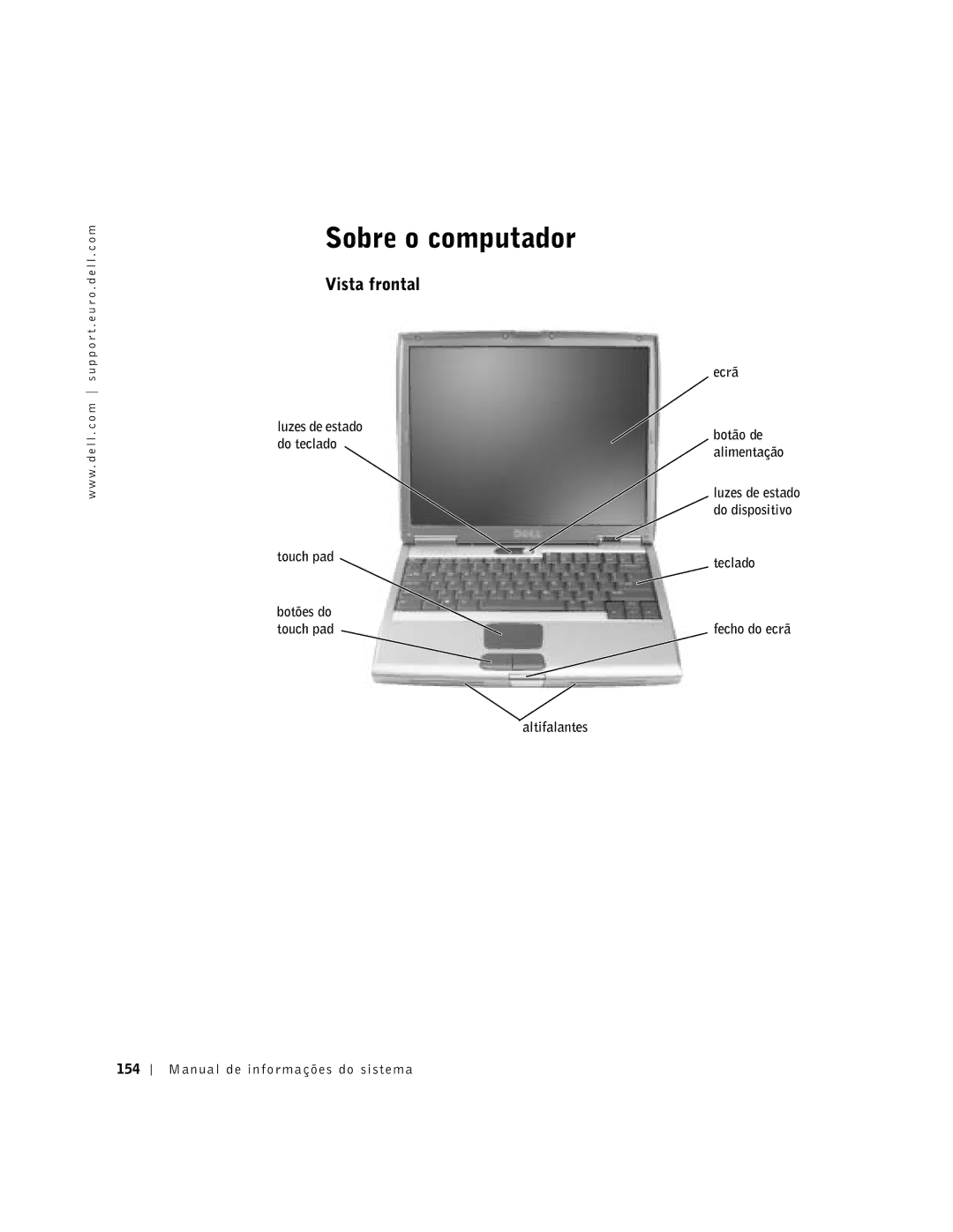 Dell D500 manual Sobre o computador, Vista frontal, Touch pad, Altifalantes Ecrã 