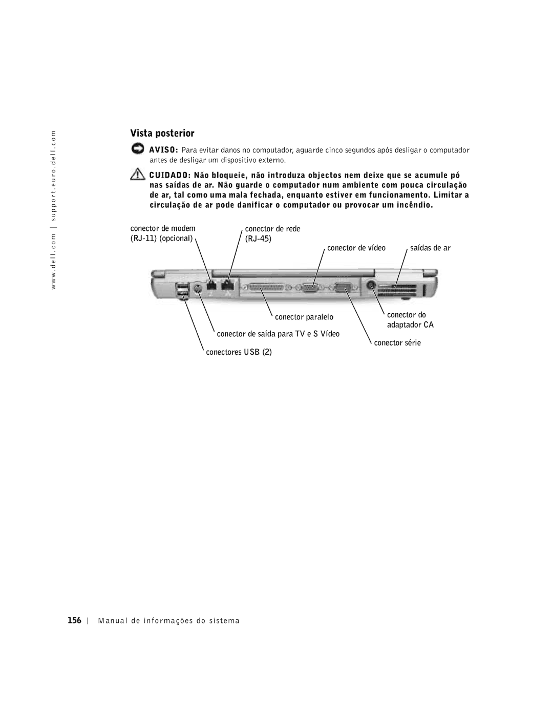 Dell D500 manual Vista posterior, RJ-11 opcional RJ-45 Conector de vídeo, Conector paralelo Conector do 