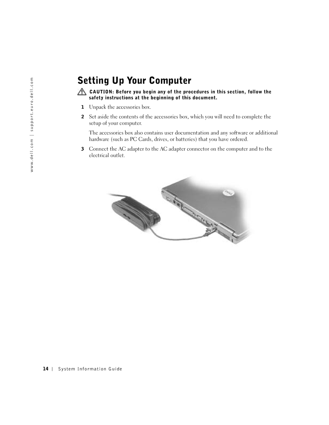 Dell D500 manual Setting Up Your Computer 