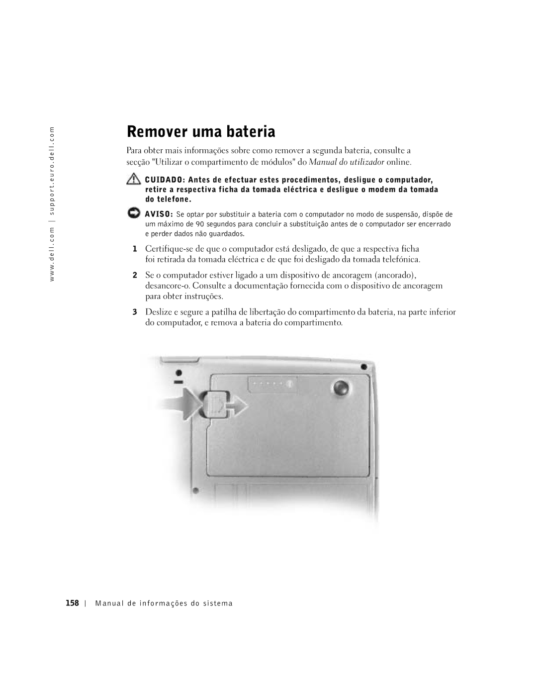 Dell D500 manual Remover uma bateria, Manual de informações do sistema 