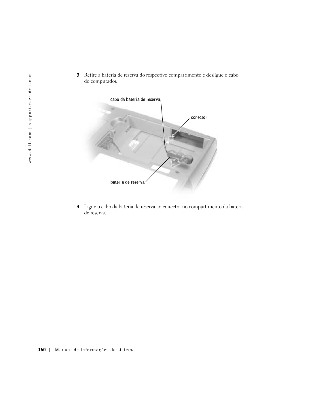 Dell D500 manual Cabo da bateria de reserva Conector Bateria de reserva, Manual de informações do sistema 