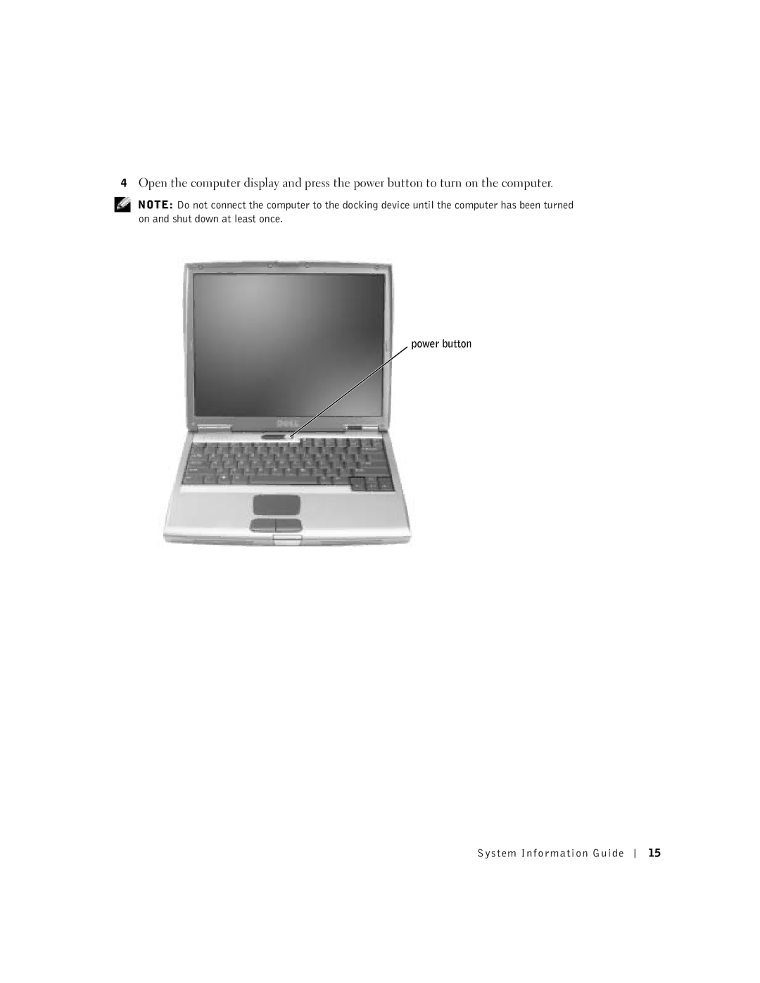 Dell D500 manual Power button System Information Guide 