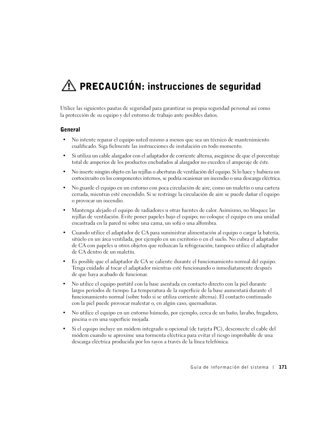 Dell D500 manual Precaución instrucciones de seguridad, Guía de información del sistema 171 