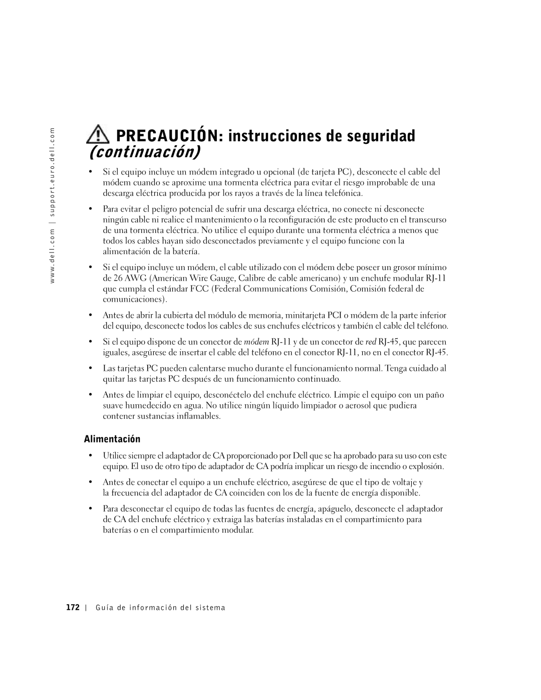 Dell D500 manual Precaución instrucciones de seguridad continuación, Alimentación, 172 Guía de información del sistema 