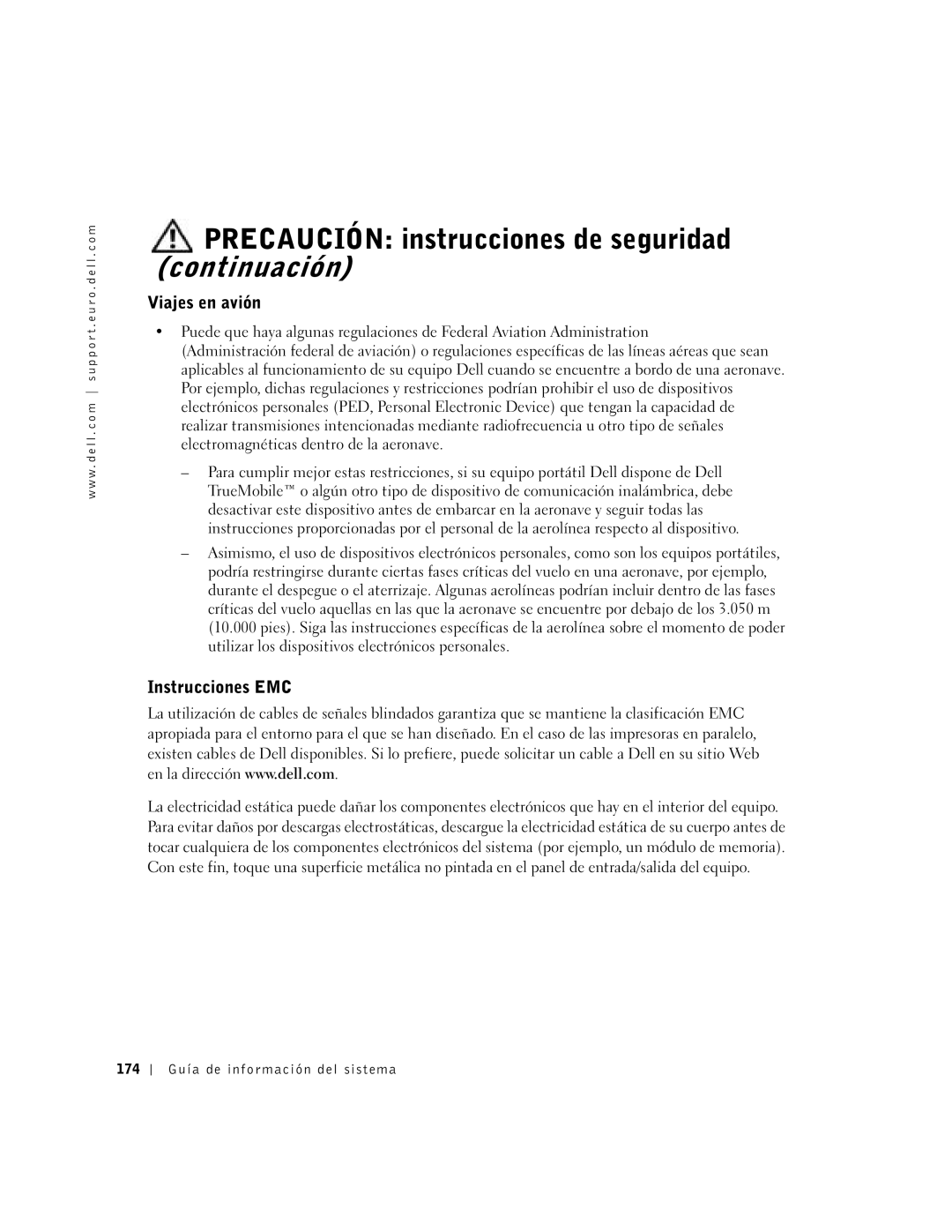 Dell D500 manual Viajes en avión, Instrucciones EMC, 174 Guía de infor mación del sistema 