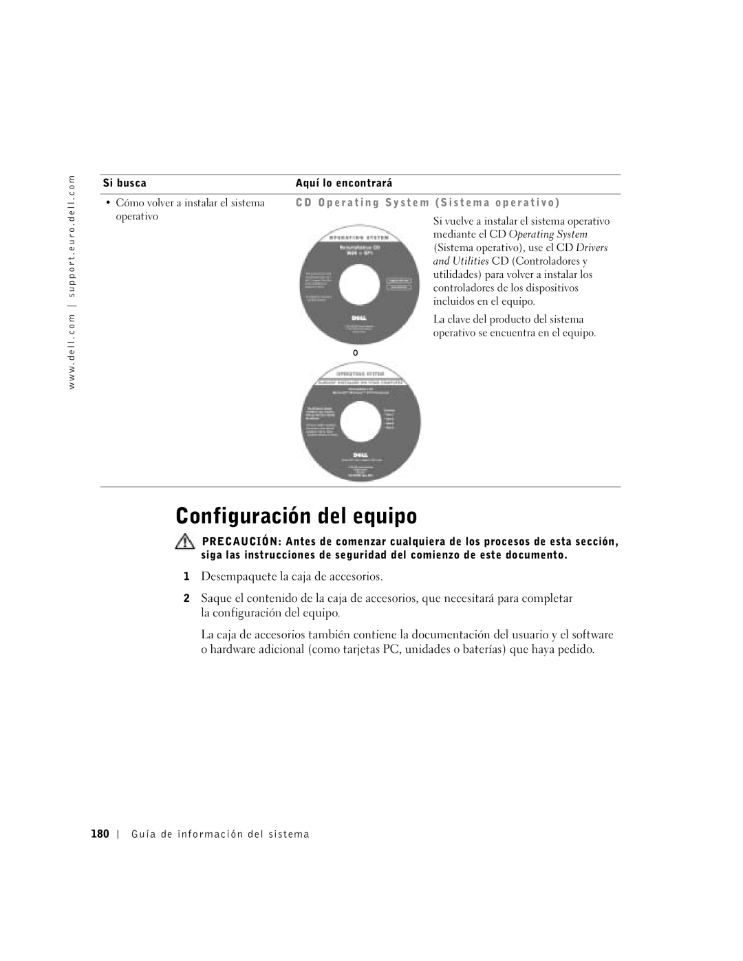 Dell D500 manual Configuración del equipo 