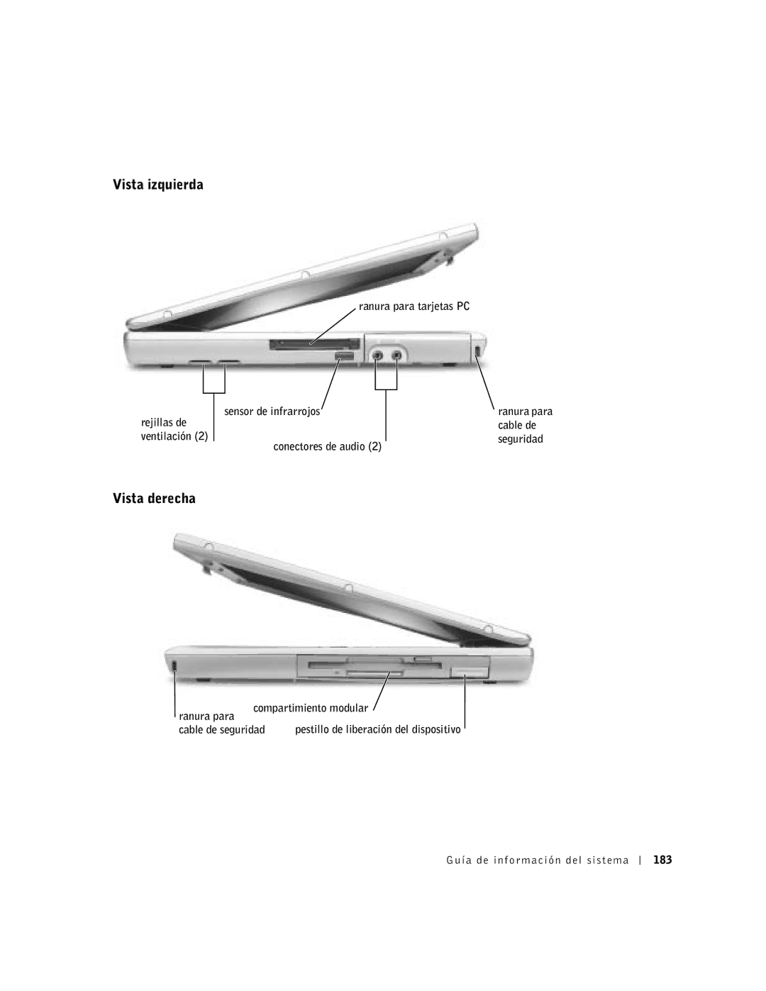 Dell D500 manual Vista izquierda, Vista derecha 
