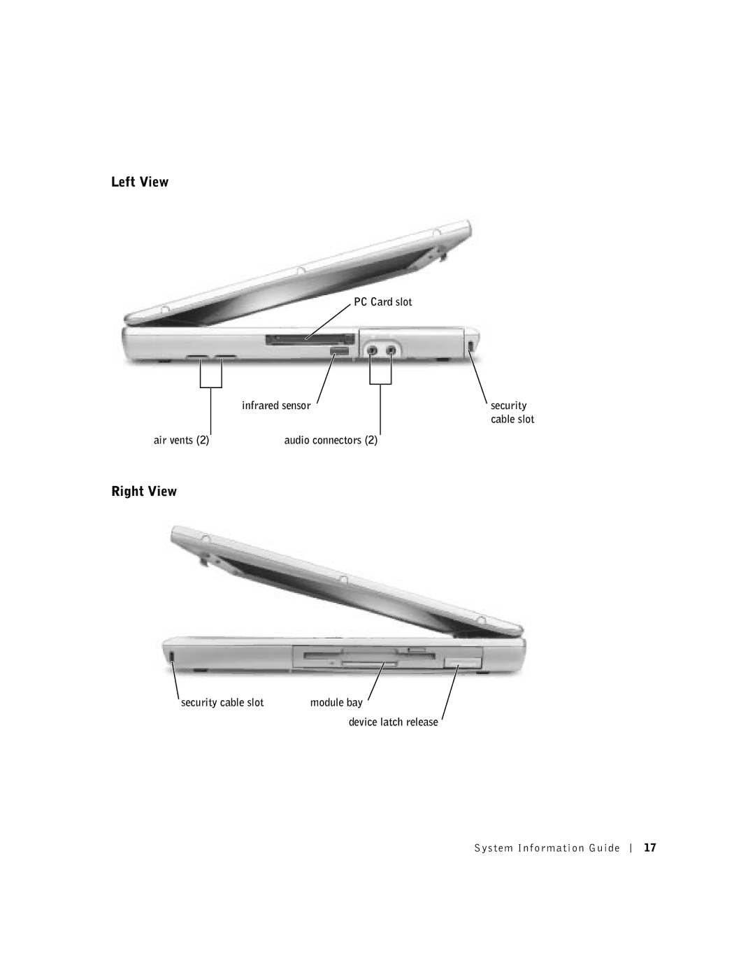 Dell D500 manual Left View, Right View, PC Card slot Infrared sensor Air vents, Security cable slot Module bay 