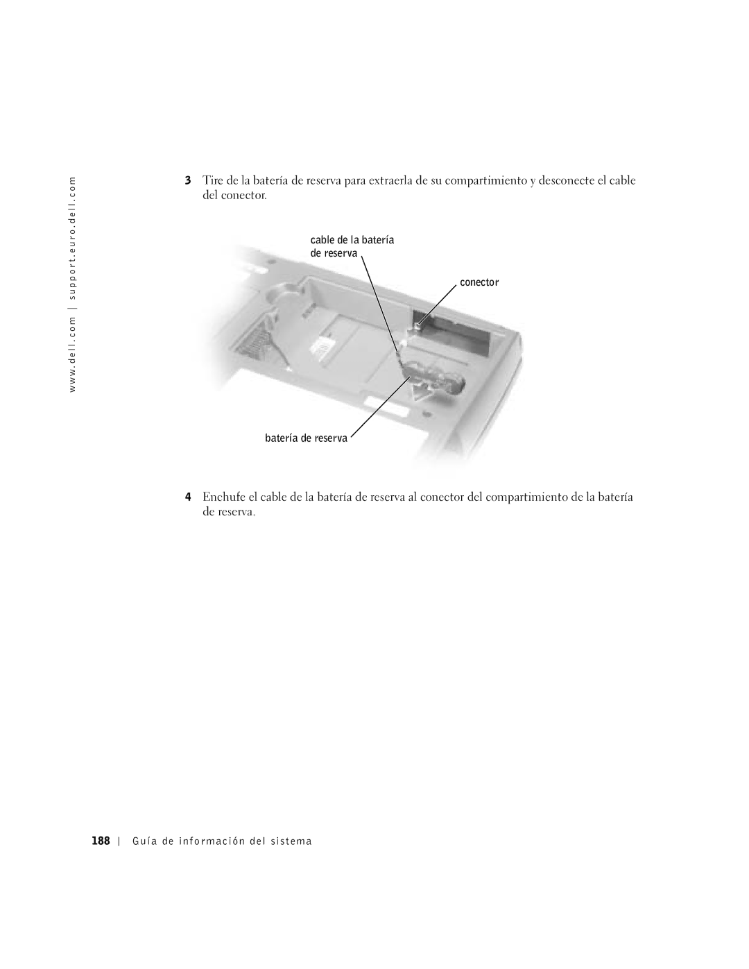 Dell D500 manual Conector Batería de reserva, 188 Guía de información del sistema 