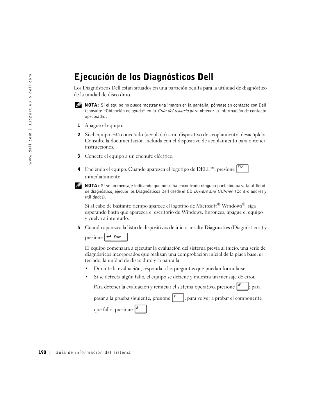 Dell D500 manual Ejecución de los Diagnósticos Dell, 190 Guía de información del sistema 