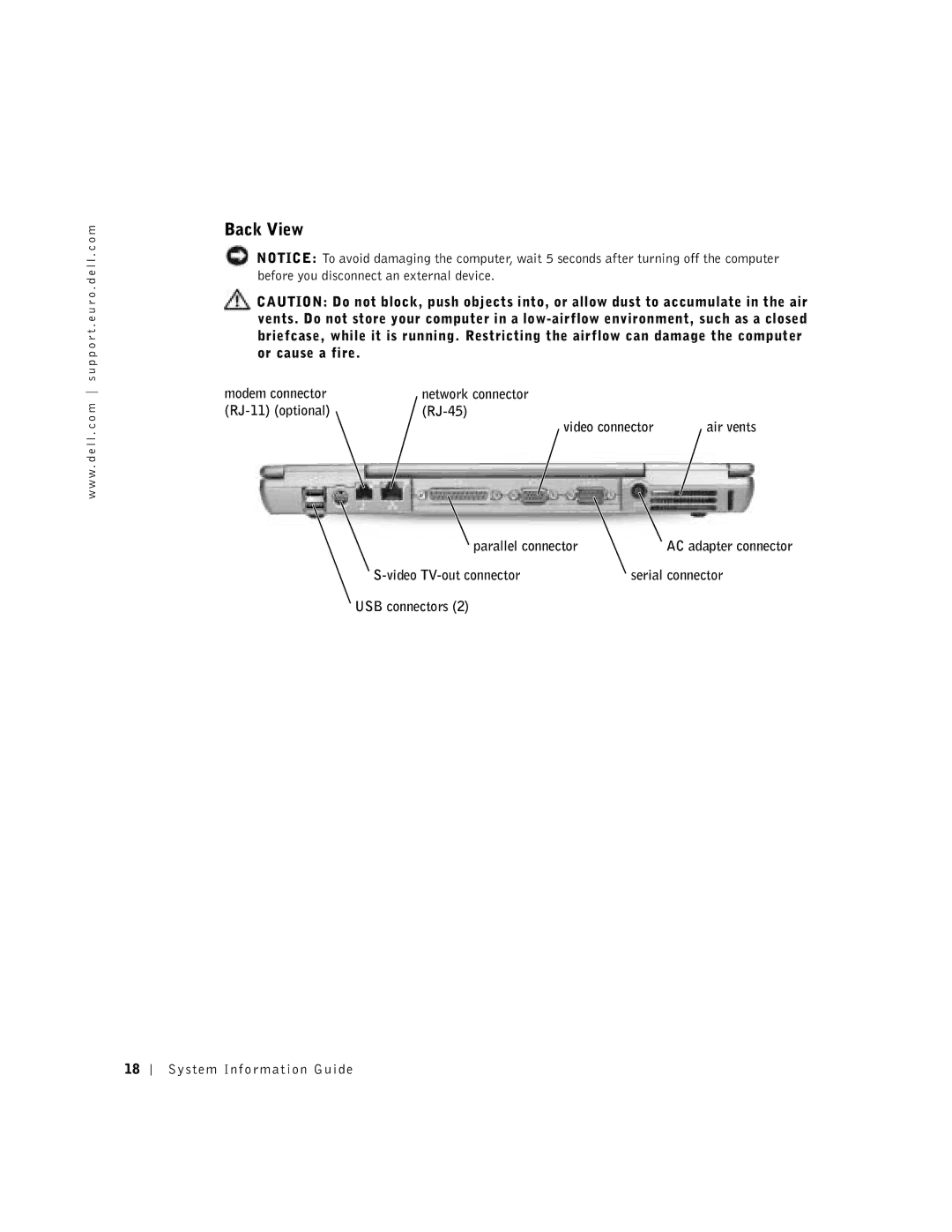 Dell D500 manual Back View, Modem connector, RJ-11 optional RJ-45 Video connector, Parallel connector 