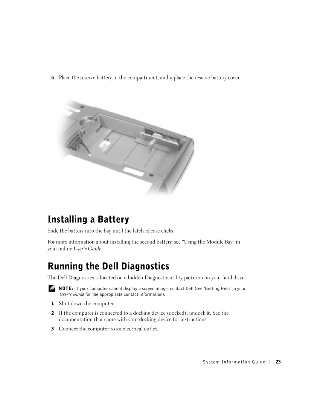 Dell D500 manual Installing a Battery, Running the Dell Diagnostics 