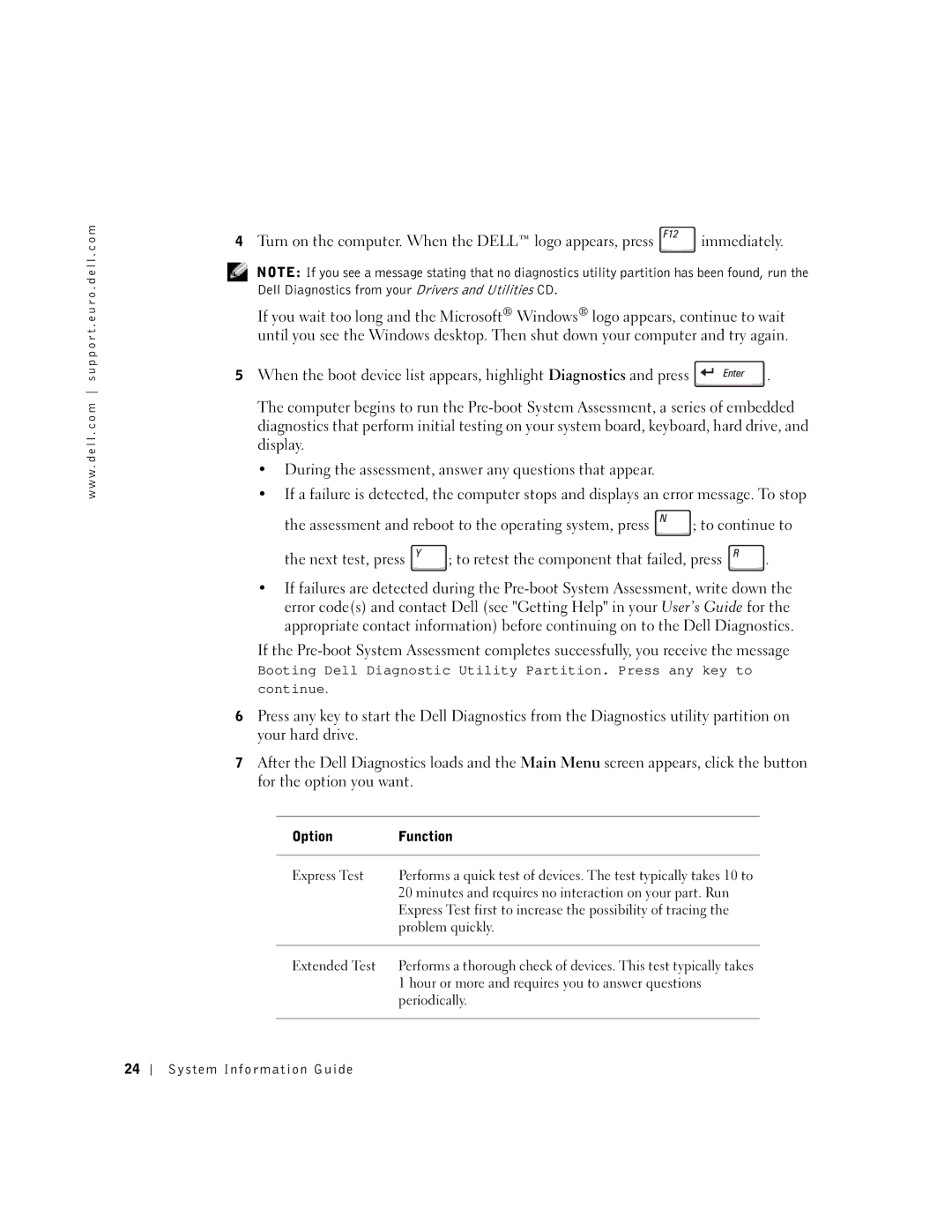 Dell D500 manual Option Function Express Test, Minutes and requires no interaction on your part. Run, Problem quickly 