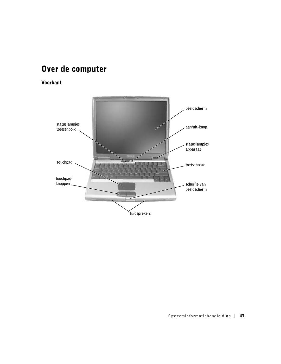 Dell D500 manual Over de computer, Voorkant, Touchpad, Luidsprekers Beeldscherm Aan/uit-knop, Toetsenbord 