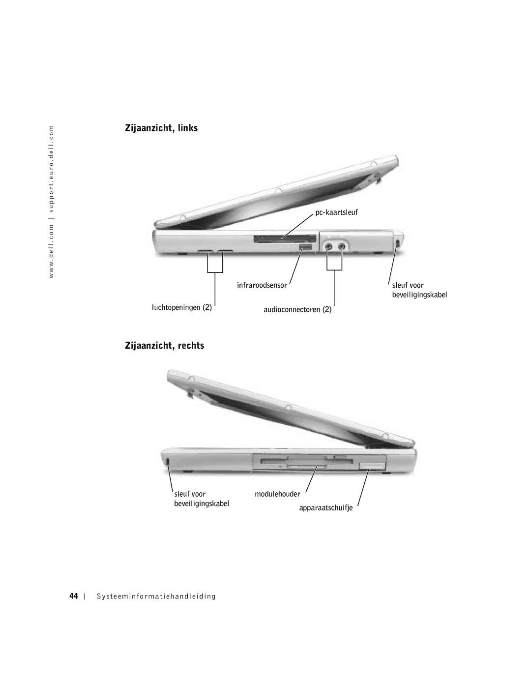 Dell D500 manual Zijaanzicht, links, Zijaanzicht, rechts, Luchtopeningen, Pc-kaartsleuf Infraroodsensor Sleuf voor 