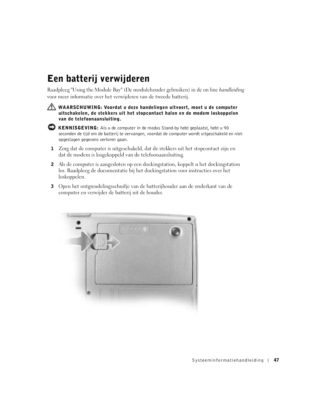 Dell D500 manual Een batterij verwijderen 