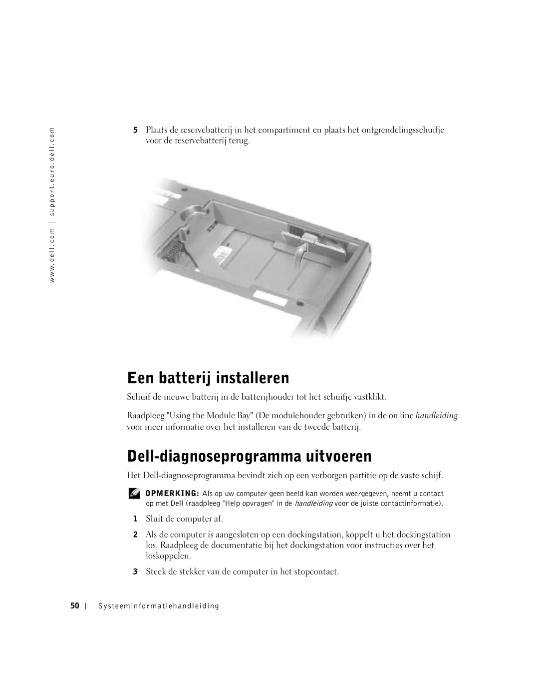 Dell D500 manual Een batterij installeren, Dell-diagnoseprogramma uitvoeren 