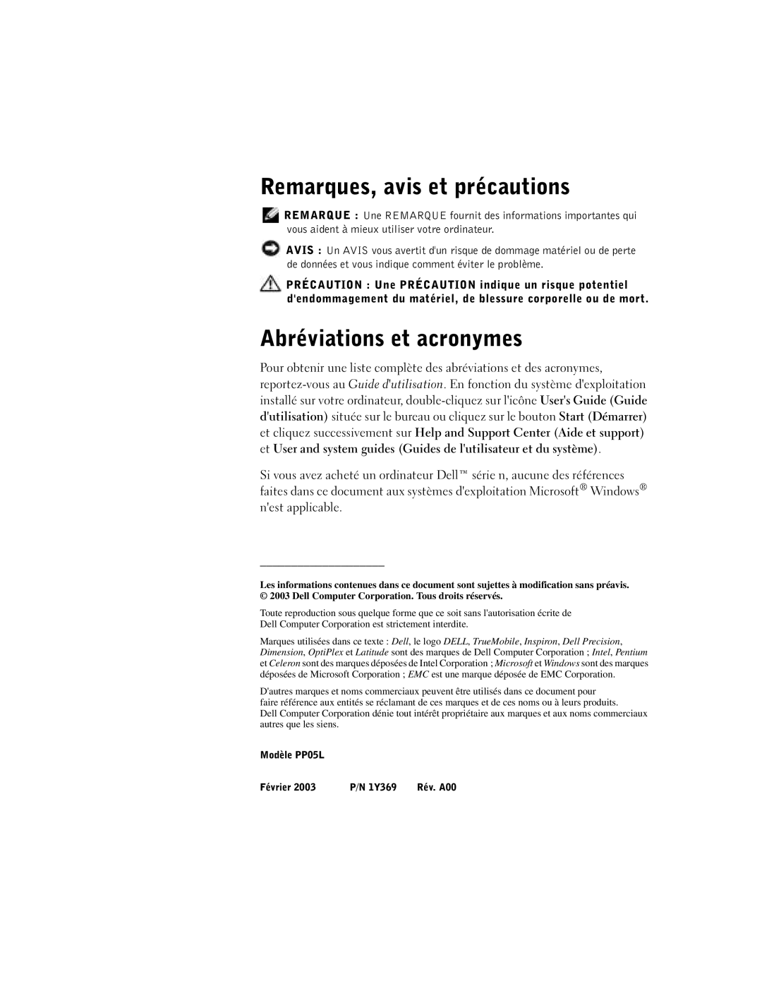 Dell D500 manual Remarques, avis et précautions, Abréviations et acronymes 