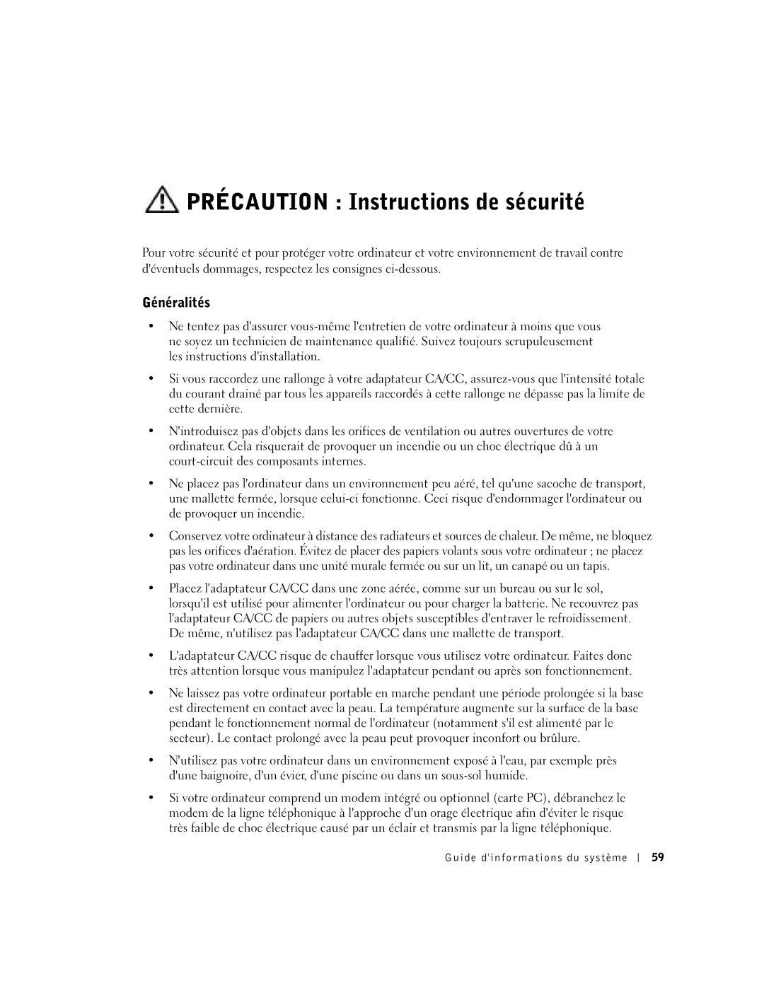 Dell D500 manual Précaution Instructions de sécurité, Généralités, Guide dinformations du système 