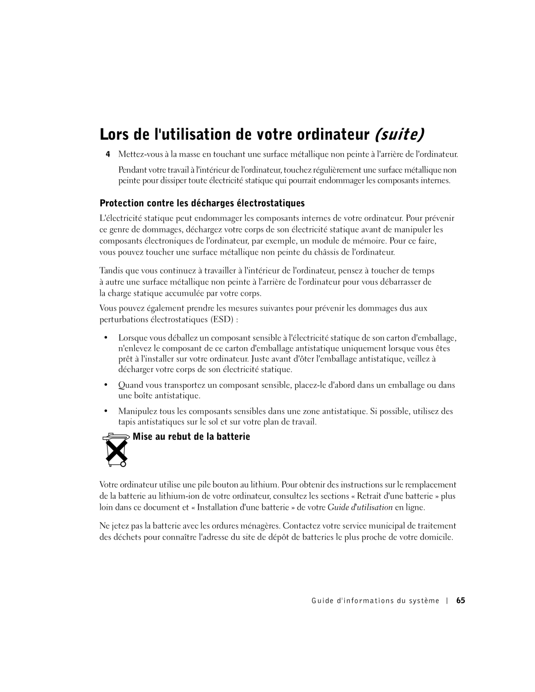 Dell D500 manual Protection contre les décharges électrostatiques, Mise au rebut de la batterie 