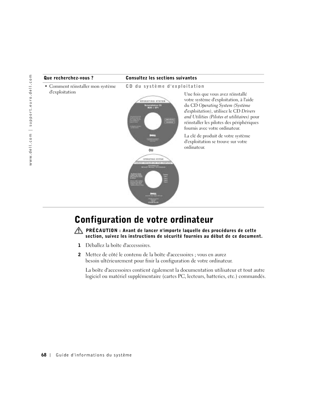 Dell D500 manual Configuration de votre ordinateur, D u s y s t è m e d ex p l o i t a t i o n 