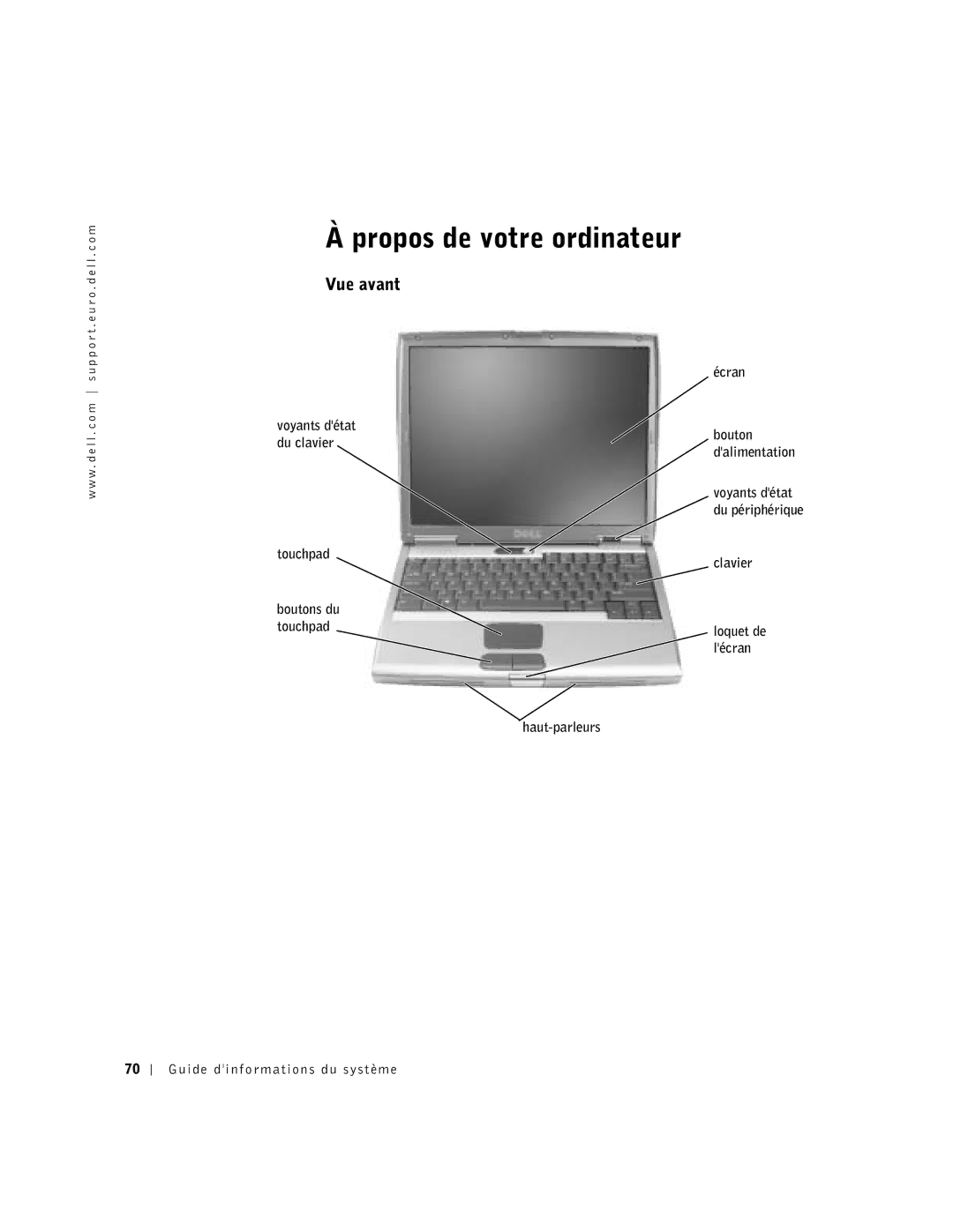 Dell D500 manual Propos de votre ordinateur, Vue avant, Écran Voyants détat Du clavierbouton dalimentation 