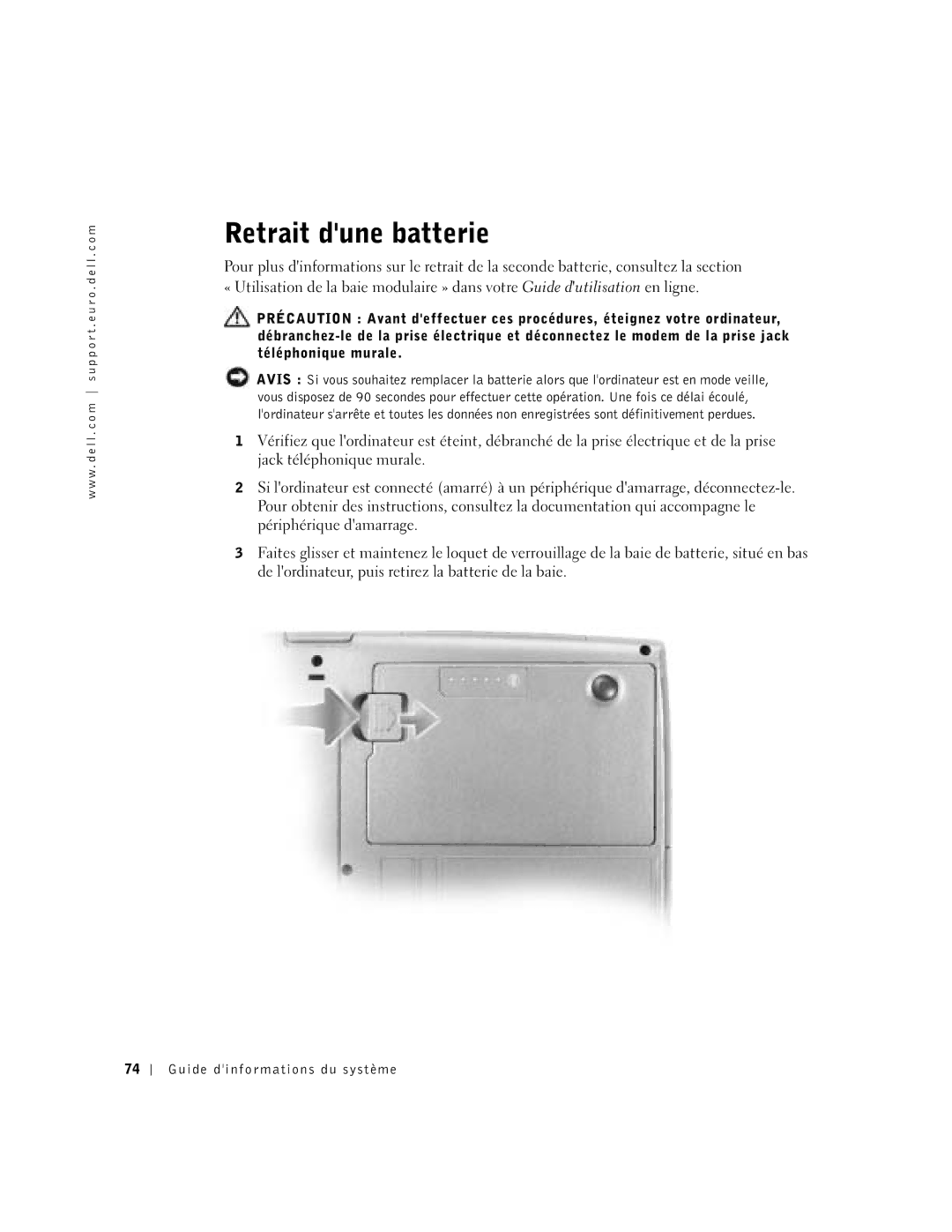 Dell D500 manual Retrait dune batterie 