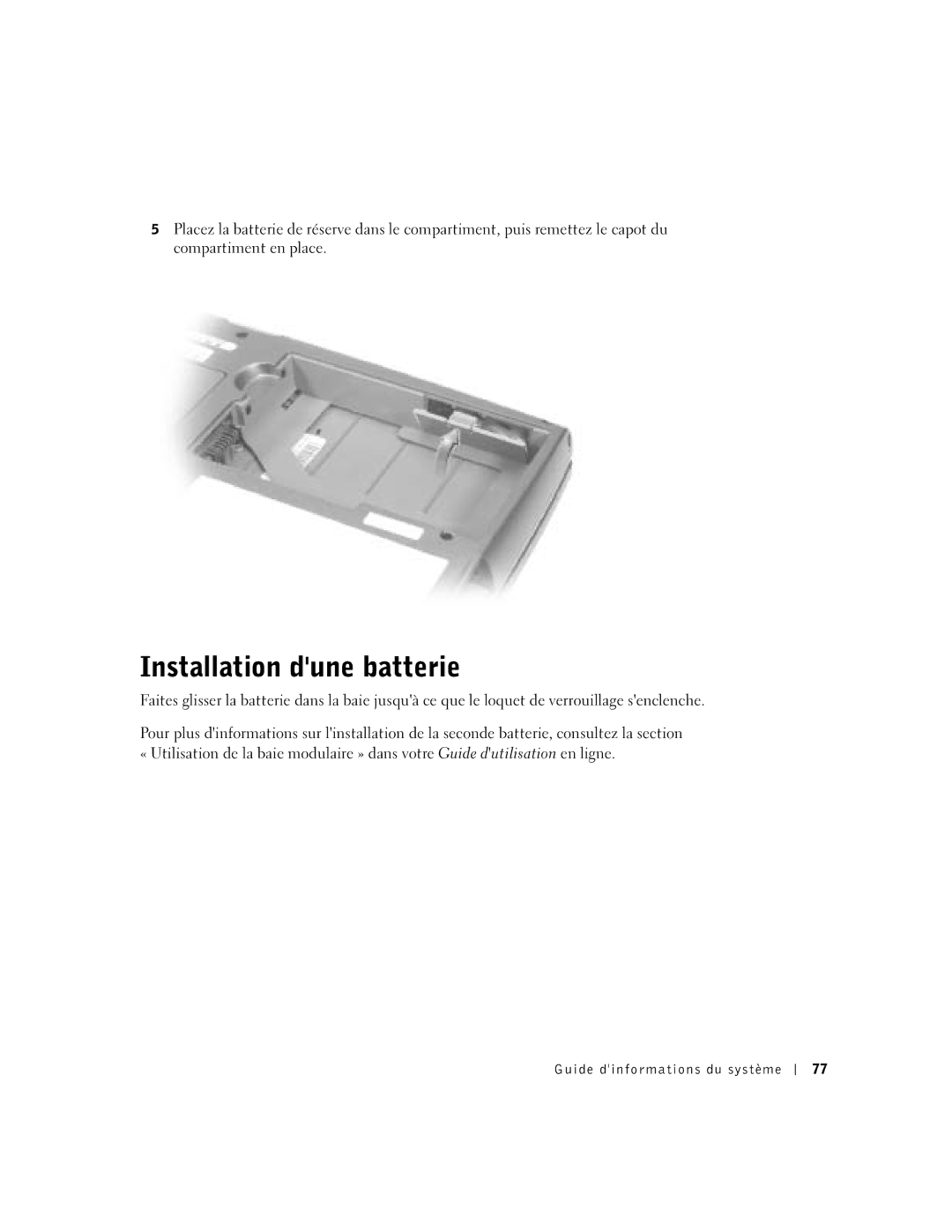 Dell D500 manual Installation dune batterie 