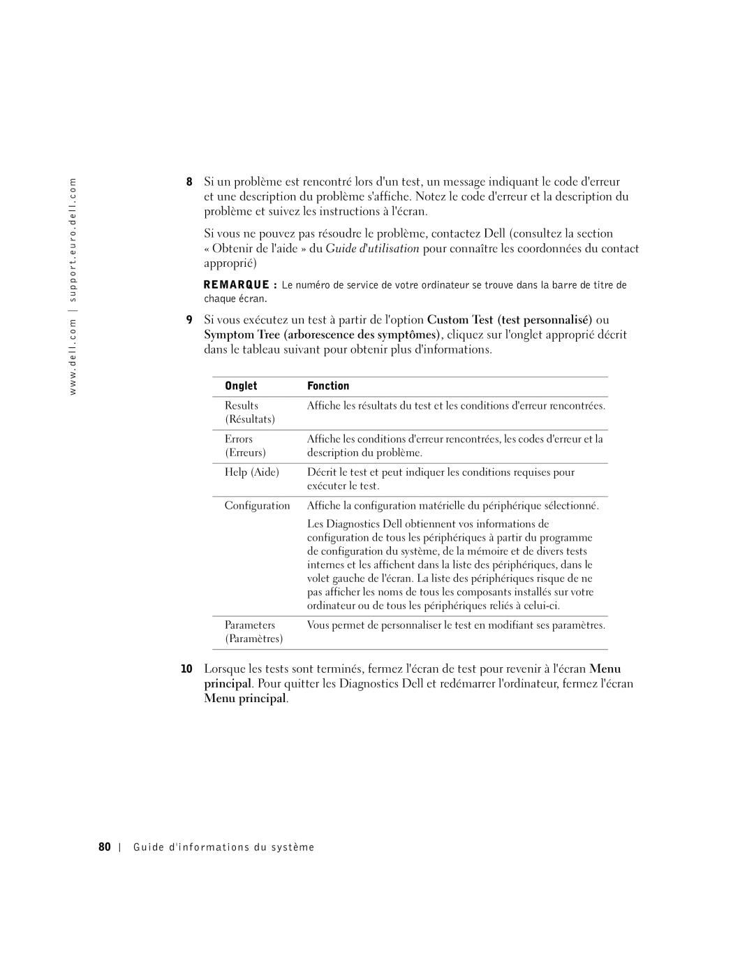 Dell D500 manual Onglet Fonction Results, Résultats Errors, Les Diagnostics Dell obtiennent vos informations de, Paramètres 