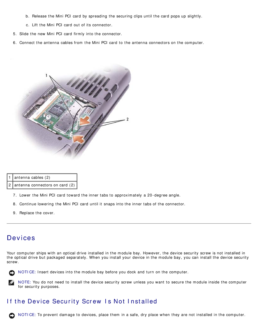 Dell D505 service manual Devices, If the Device Security Screw Is Not Installed 