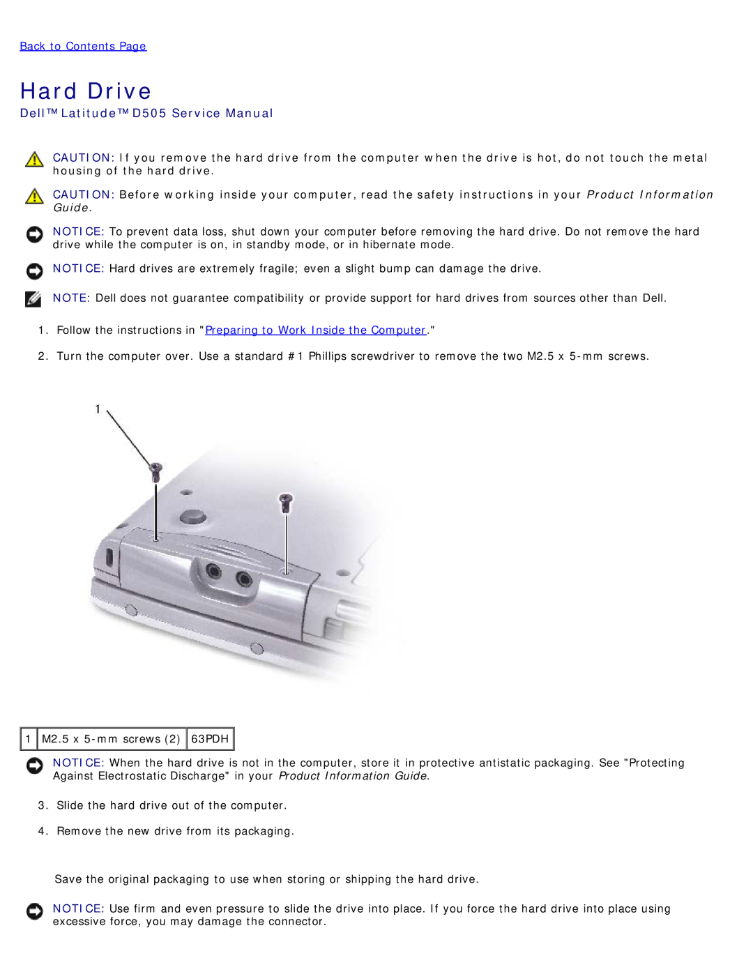 Dell D505 service manual Hard Drive 