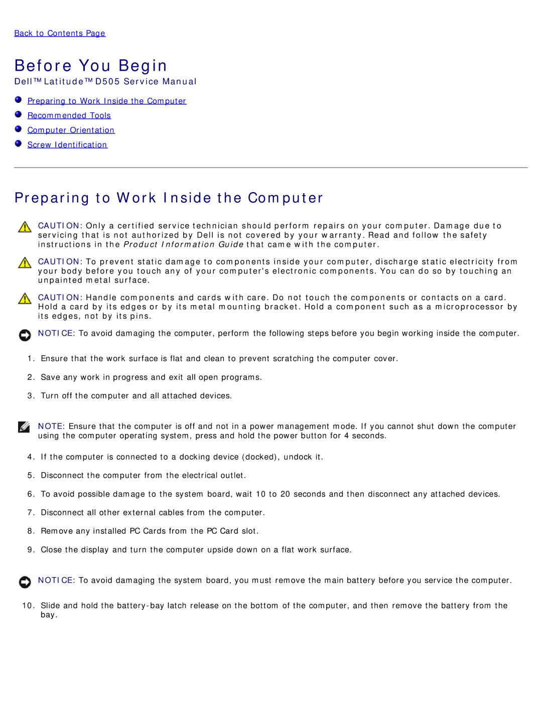 Dell D505 service manual Before You Begin, Preparing to Work Inside the Computer 