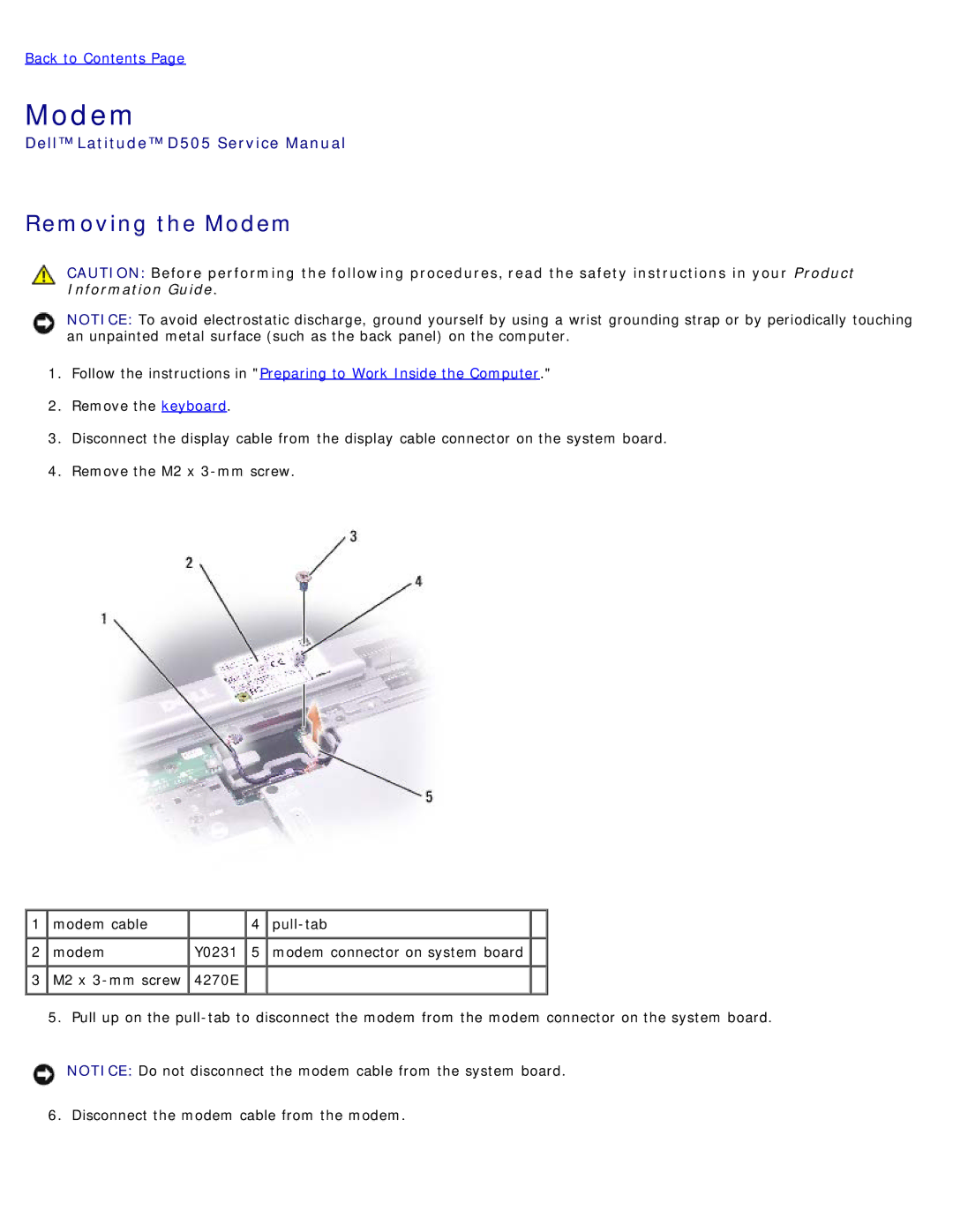 Dell D505 service manual Removing the Modem 