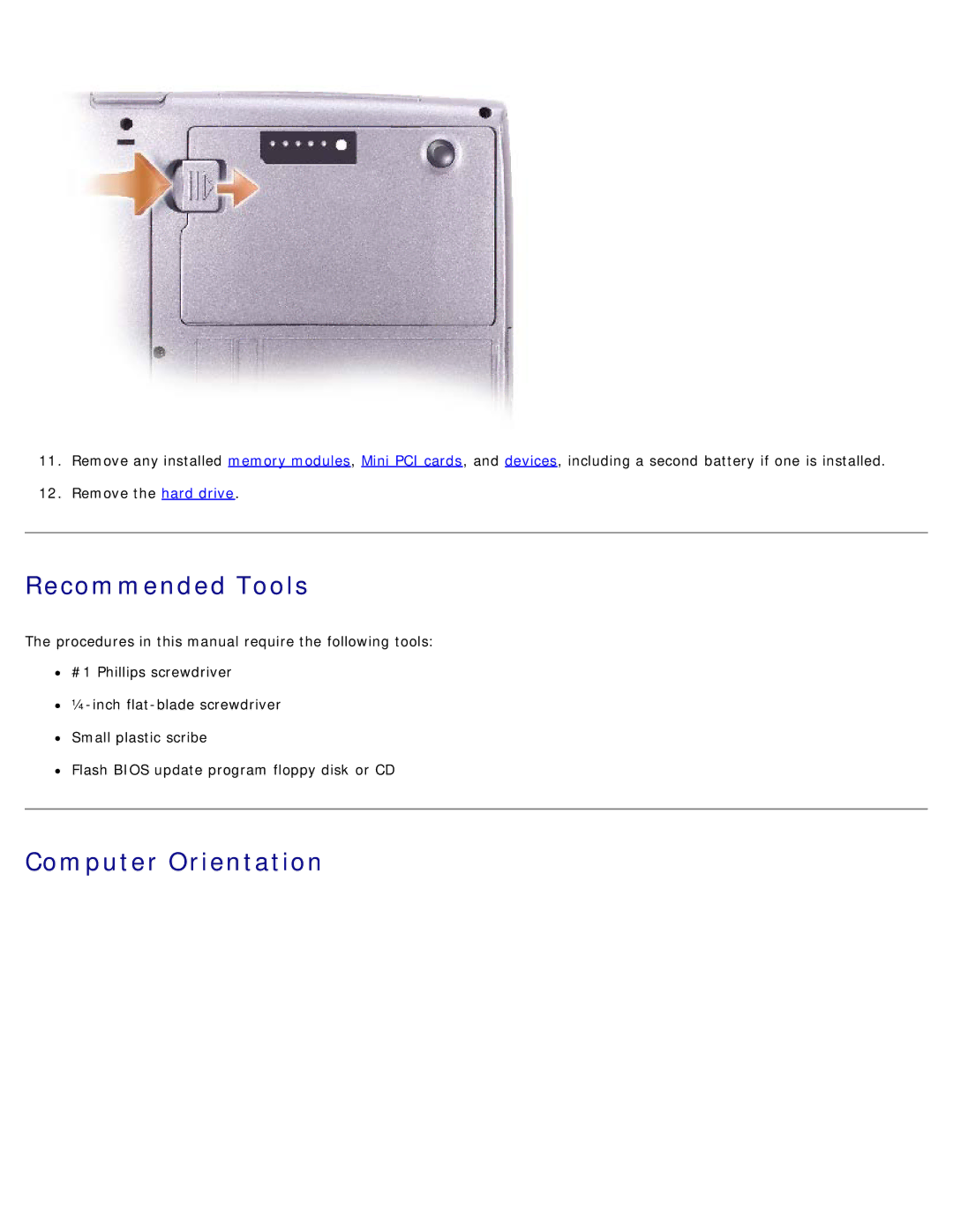 Dell D505 service manual Recommended Tools, Computer Orientation 